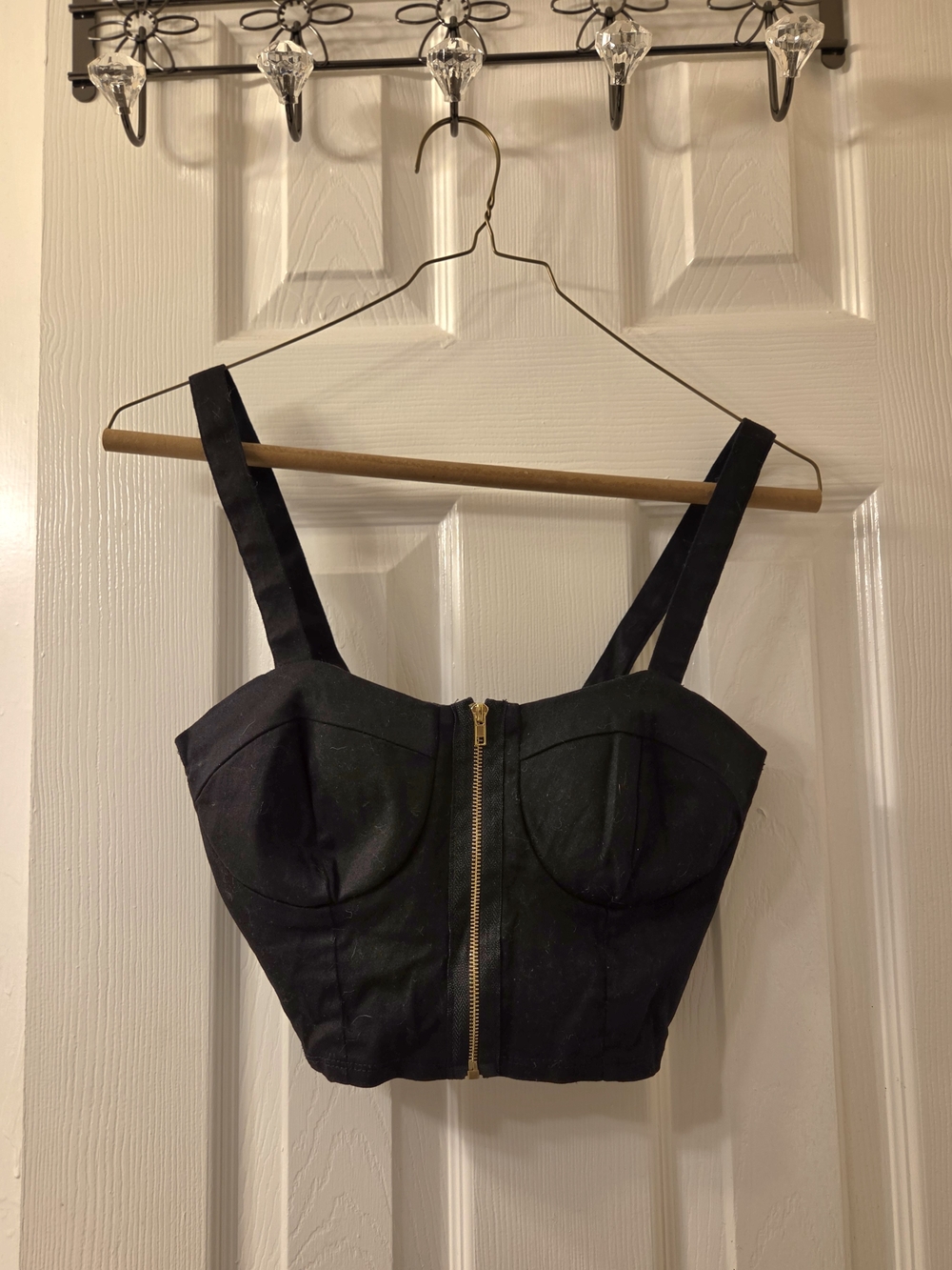 Black Bustier Crop Top with Front Gold Zipper